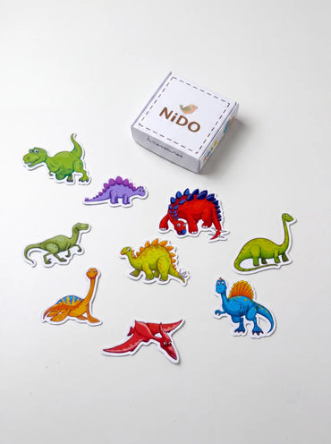 Kit magnético Dinossauros Nido com 9 peças e a caixinha da marca