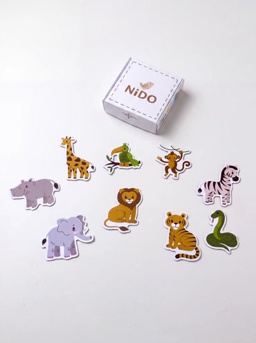 Kit magnético Safari Nido com 9 peças e a caixinha da marca